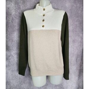 J.Crew Color Block Mock Neck Sweater Pullover Mens Medium Beige Green‎ Button Up